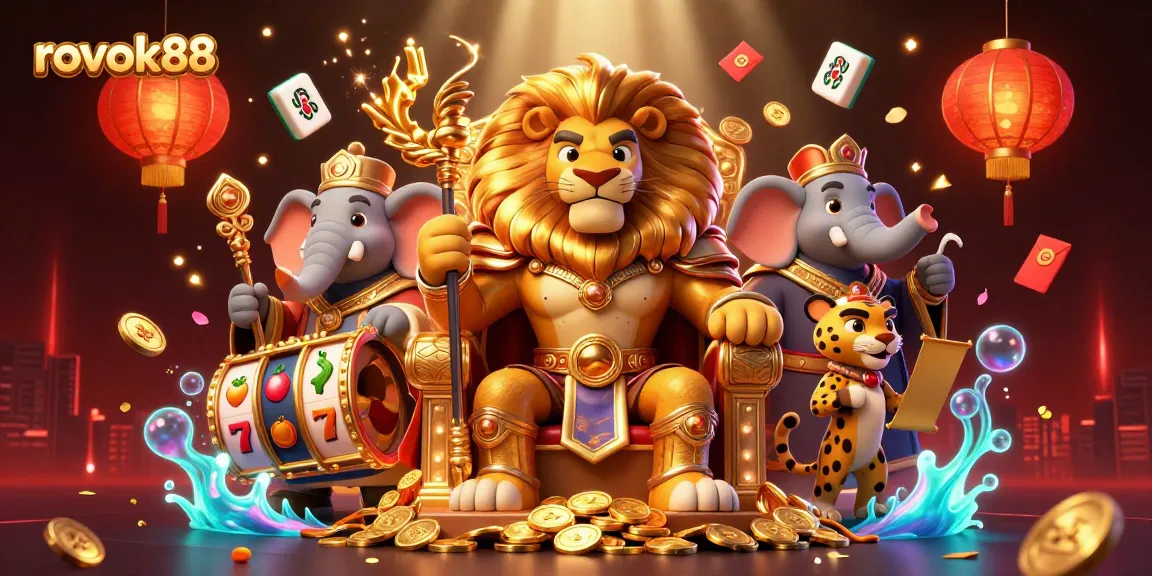Join the excitement of rokok88 with a dynamic scene featuring a lion king, elephant advisor, and cheetah messenger in casino action.