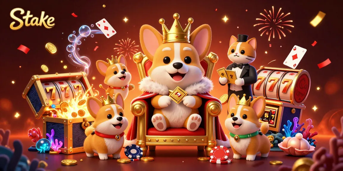 Engage with Stake's thrilling gaming universe in a vibrant casino scene featuring a royal corgi on poker chips.