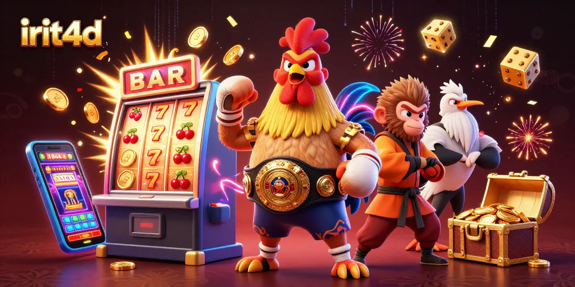 Experience thrilling action at irit4d, featuring a Muay Thai rooster and martial artists amidst a vibrant casino.