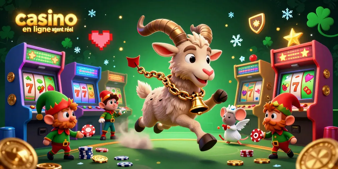 Illustration colorée d'un casino en ligne argent réel avec Krampus, des machines à sous et des gremlins.