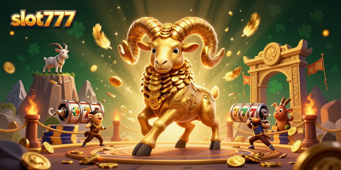 Experience thrilling gameplay with slot777 as a golden ram charges amidst vibrant symbols and rich casino elements.