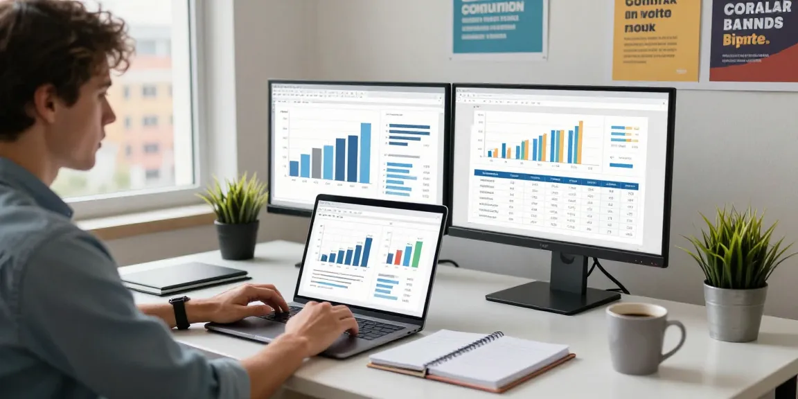 Self-employed professional reviewing project proposals in a modern office workspace with dual monitors and a planner.