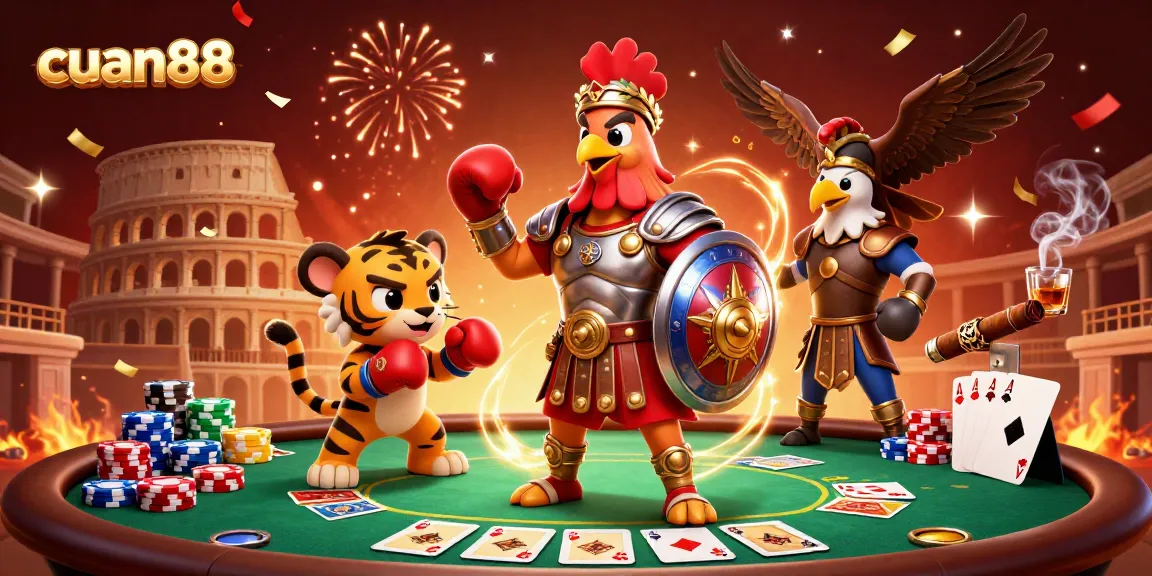 Join the action with cuan88 as the gladiator rooster battles with poker chips in a vibrant casino arena.