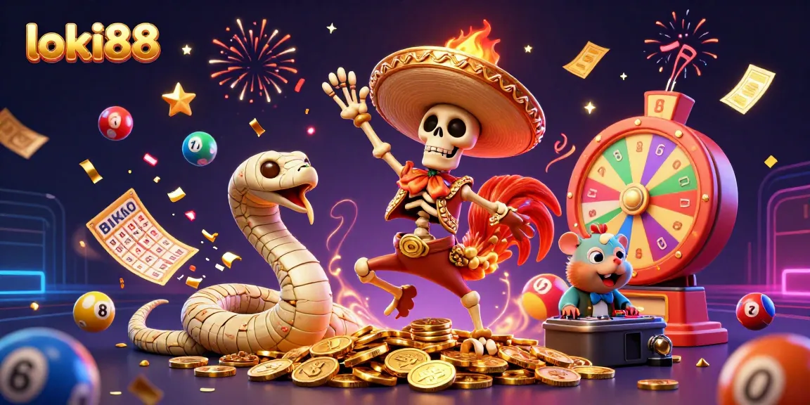 Join loki88 for a vibrant casino celebration with colorful lottery balls and festive characters.
