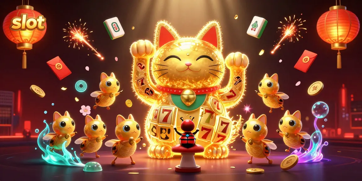 Jelajahi slot dengan ilustrasi kucing keberuntungan yang menari dikelilingi lampion dan koin