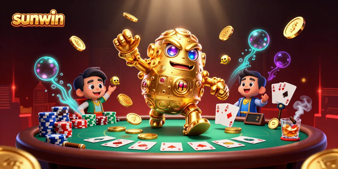 Engage with sunwin's golden golem in a vibrant casino scene filled with poker excitement.