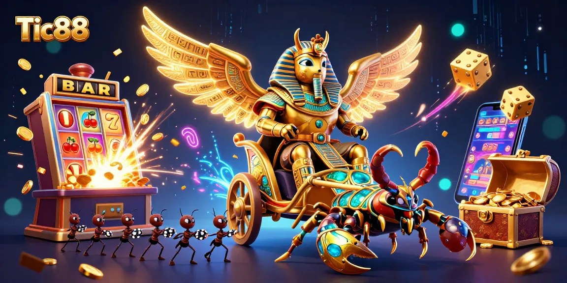 Tic88's vibrant casino scene features a golden scarab beetle with glowing wings and a jackpot explosion.