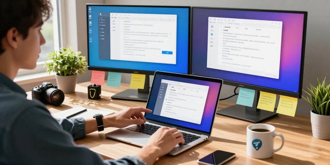 Modern workspace showing telegram chinese settings on laptop with dual monitors and tech tools.
