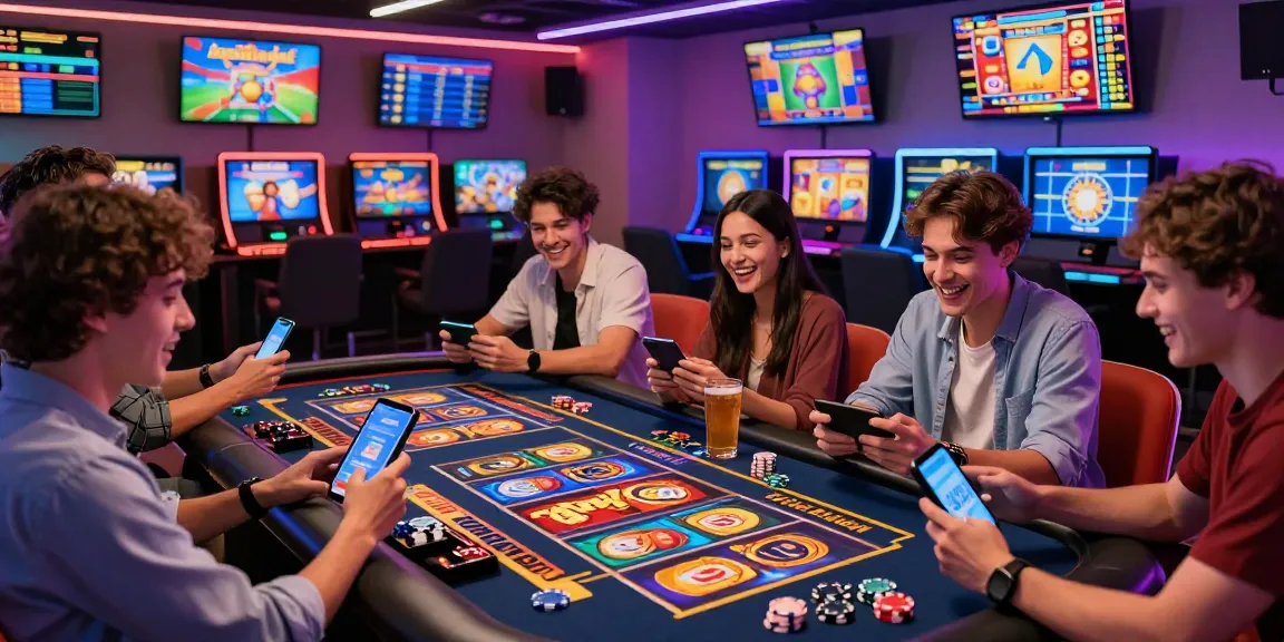Excited friends enjoying jepang slot games in a stylish online casino.