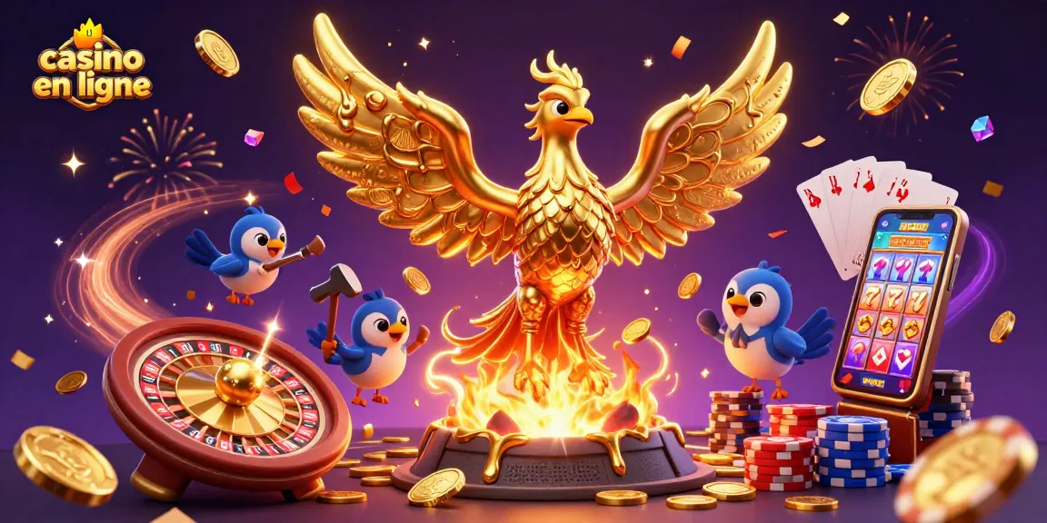 Profitez des jeux de casino en ligne avec l'illustration d'un phoenix doré et des éléments de casino vibrants.