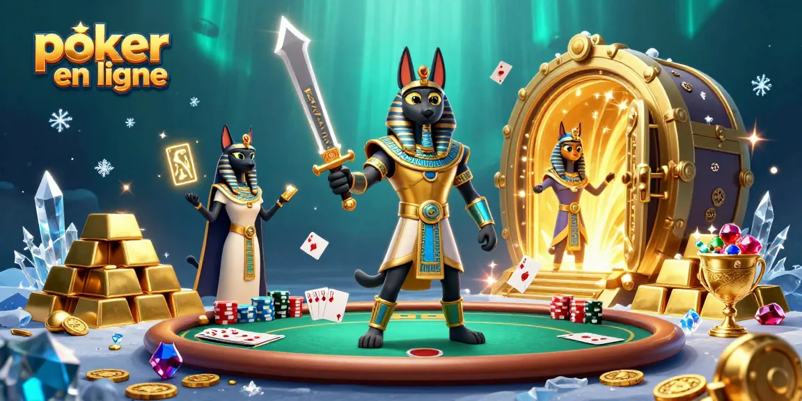 Joue au poker en ligne avec ce visuel captivant de personnages sur une table de jeu remplie de jetons et cartes.