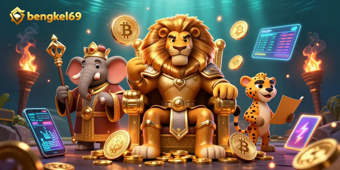 Bengkel69 showcases a colorful 3D lion king on a throne surrounded by vibrant cryptocurrencies and game elements.
