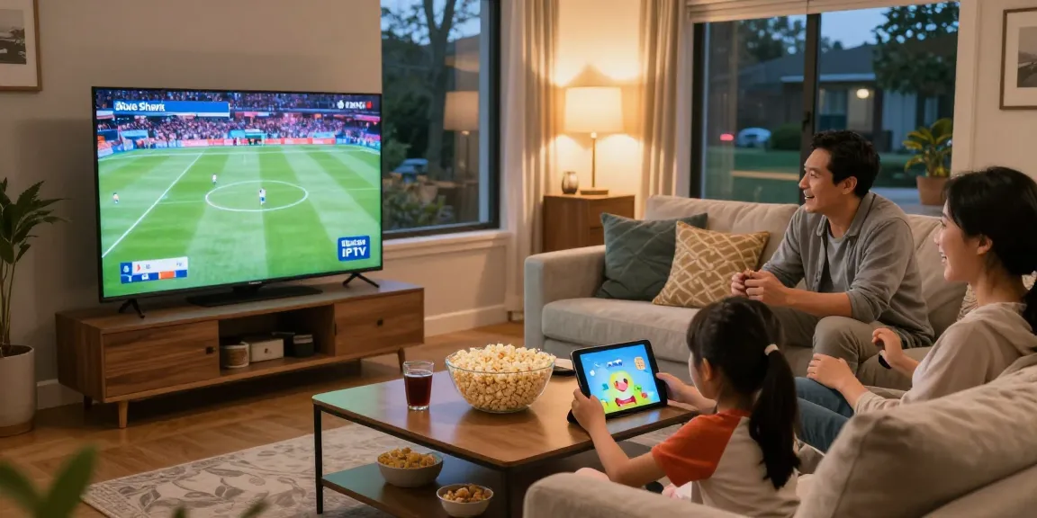 Family enjoying Blue Shark IPTV sports and cartoons in cozy living room
