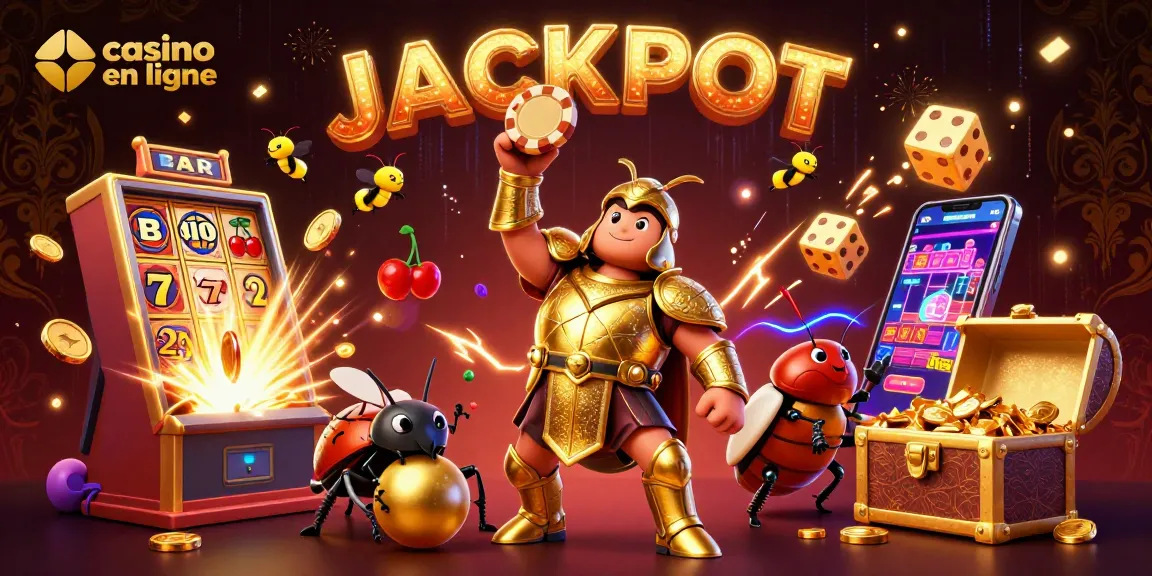 Visuel captivant de la victoire au casino en ligne avec des insectes et des éléments de jeu.
