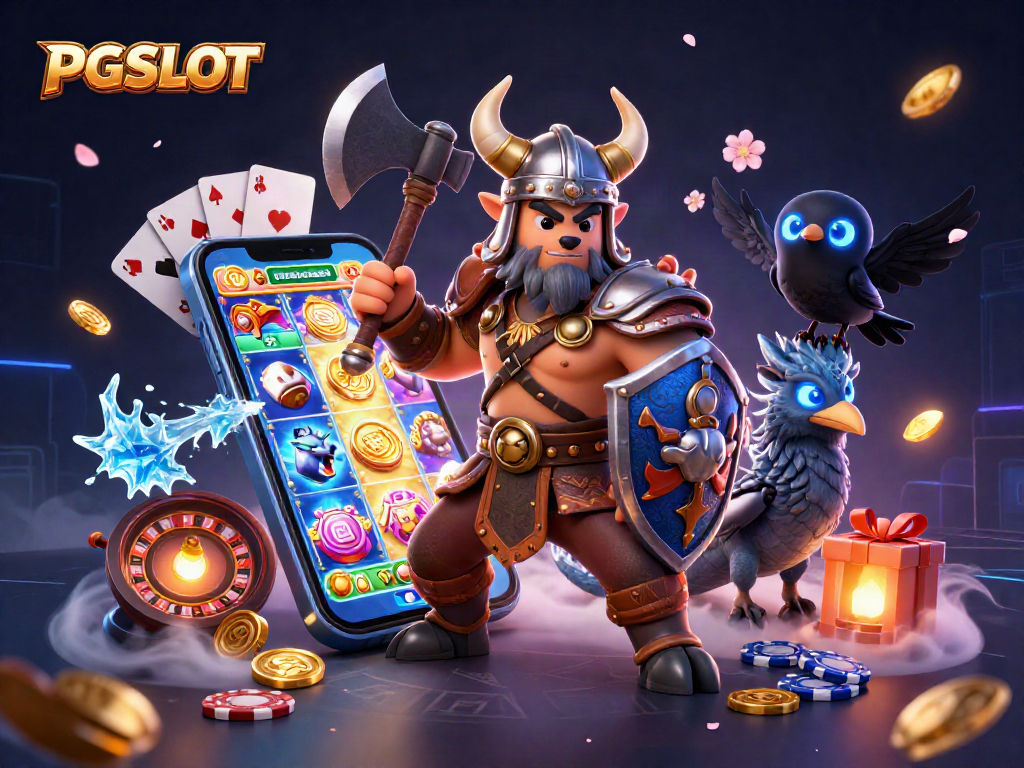 Experience PG SLOT action with a Viking warrior, dragon, and gaming elements in a captivating 3D scene.