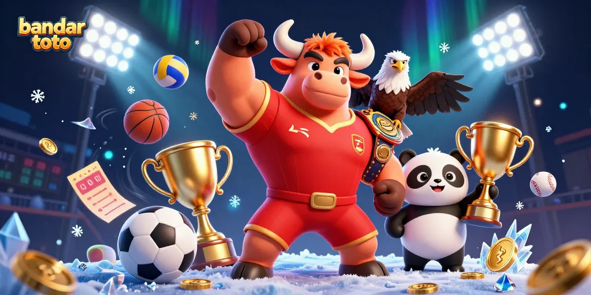 Experience exciting bets at bandar toto with a vibrant 3D illustration of a bull, eagle, and panda celebrating wins.