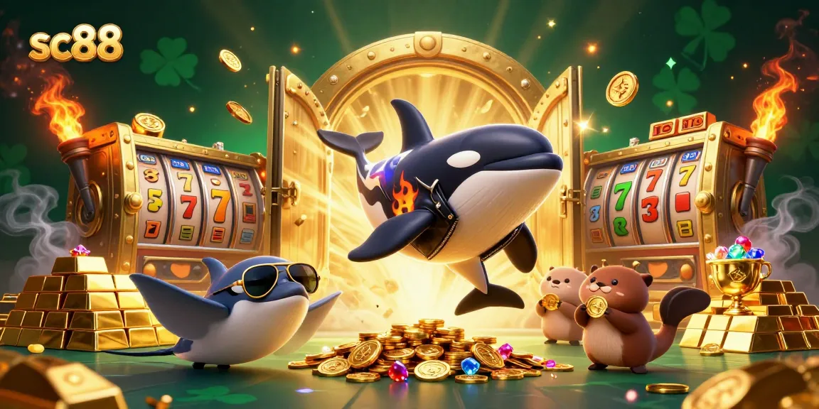 Experience sc88 action with a lively casino scene featuring whimsical characters and gold elements.