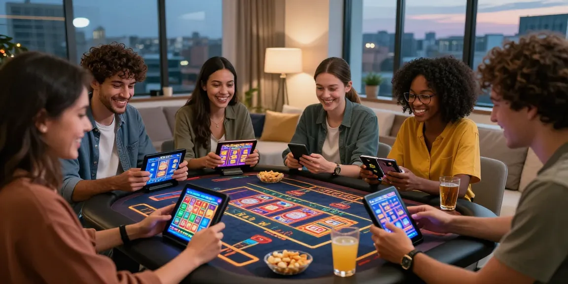 Expérience de casino en ligne avec des amis jouant joyeusement à des jeux de casino sur smartphones dans un cadre moderne.