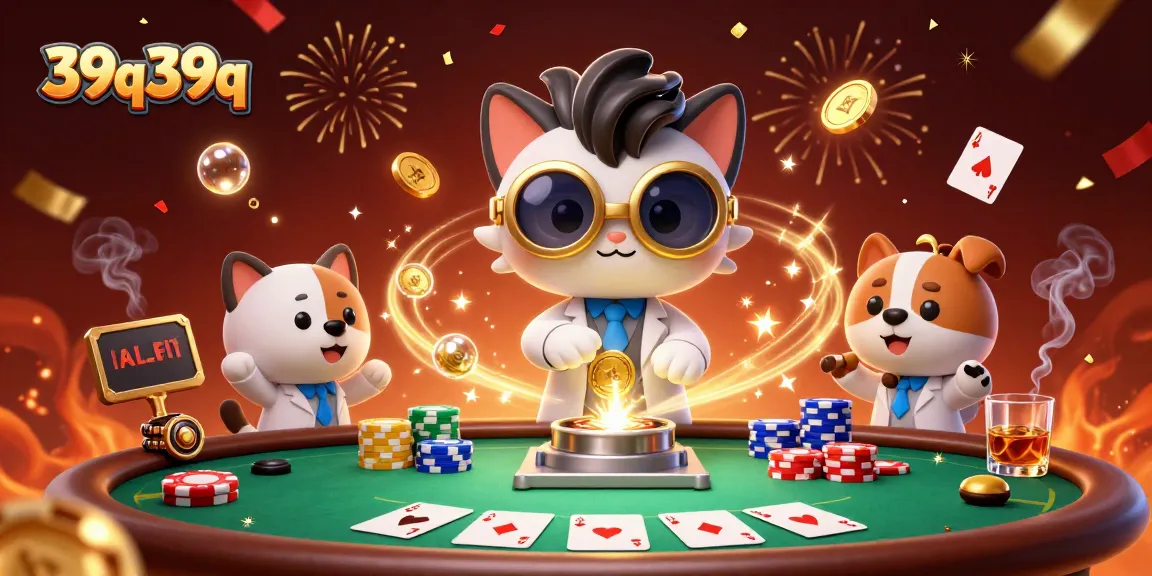 Ganhe em 39q39q com uma cena divertida envolvendo um gato cientista maluco e seu assistente, junto a cartas de poker.