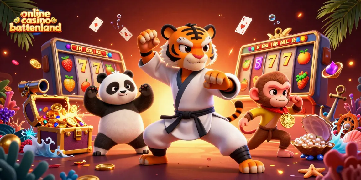 Engaging 3D cartoon scene illustrating online casino buitenland with kung fu tiger and gambling elements.