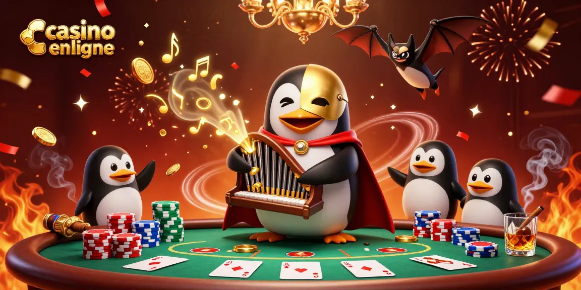 Le casino en ligne offre une scène dynamique avec un pingouin jouant de l'orgue, libérant des pièces dorées.