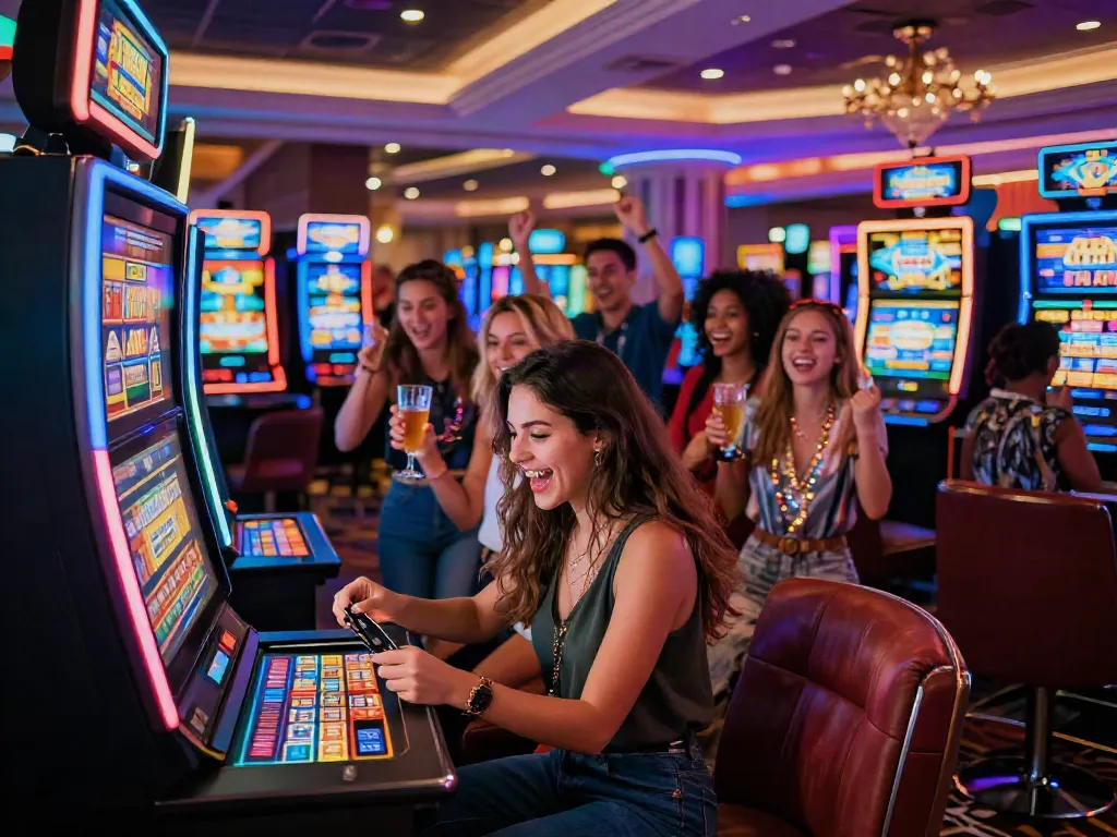 Excited friends celebrating at a vibrant casino that accepts credit cards, showcasing lively atmosphere and modern gaming.