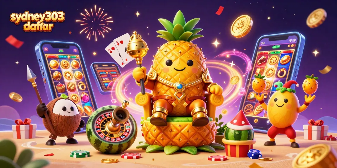 Gambar karakter sydney303 daftar yang menggambarkan raja nanas emas duduk di takhta buah dengan penjaga kelapa, suasana kasino yang meriah.