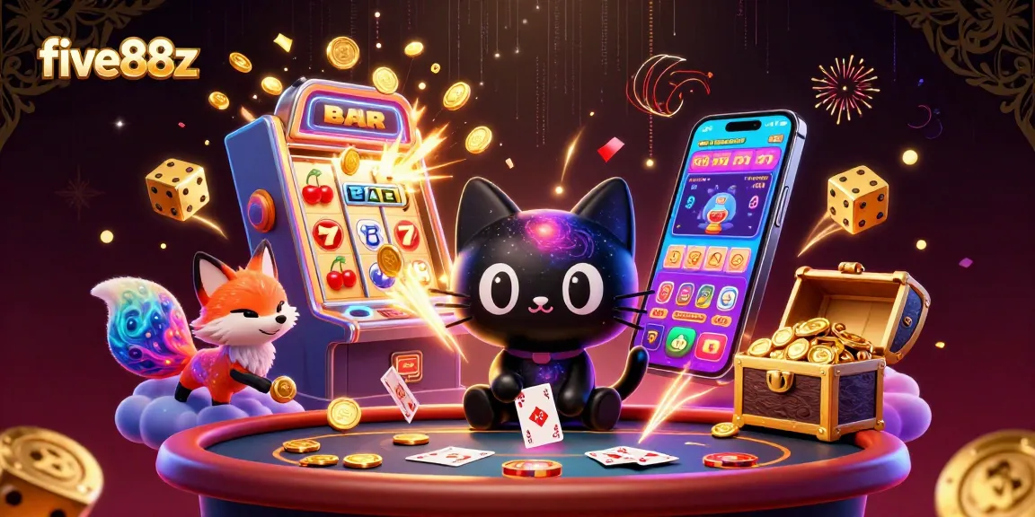 Experience the thrill of five88z with a magical cosmic casino illustration featuring vibrant action and winning spirit.