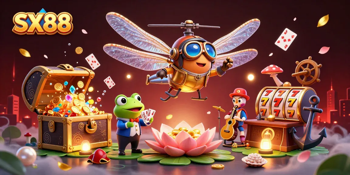 SX88 offers vibrant online gaming with a dragonfly pilot and frog croupier in a lively casino setting.