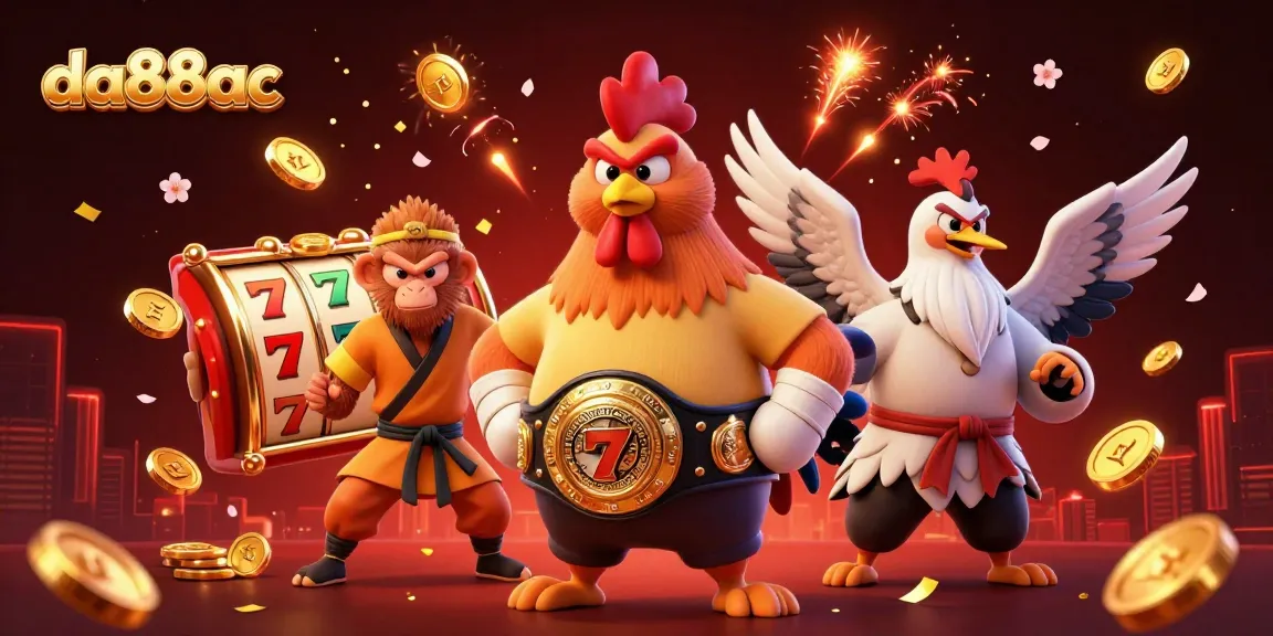 Experience thrilling wins at da88ac with fierce characters and dynamic slot elements in a vibrant casino scene.