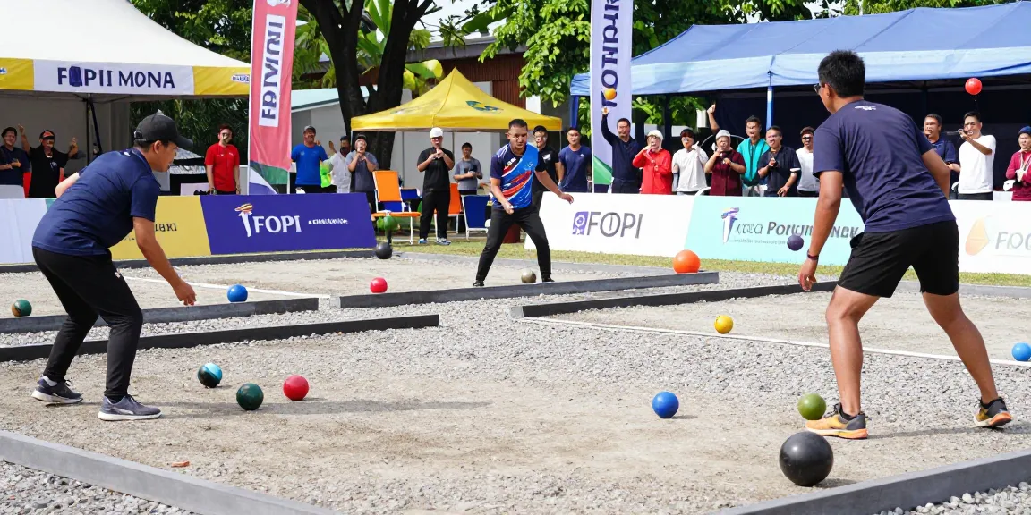Aktivitas olahraga di fopikotapontiana.org dengan atlet petanque bertanding di lapangan cerah