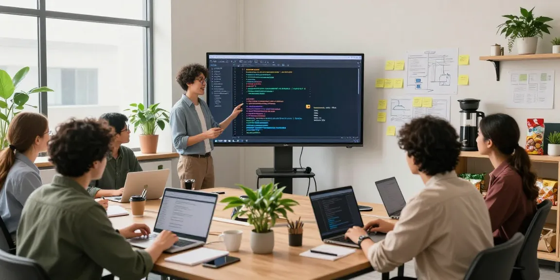Developers collaborating on the Best React development course 2025 project in a bright office.