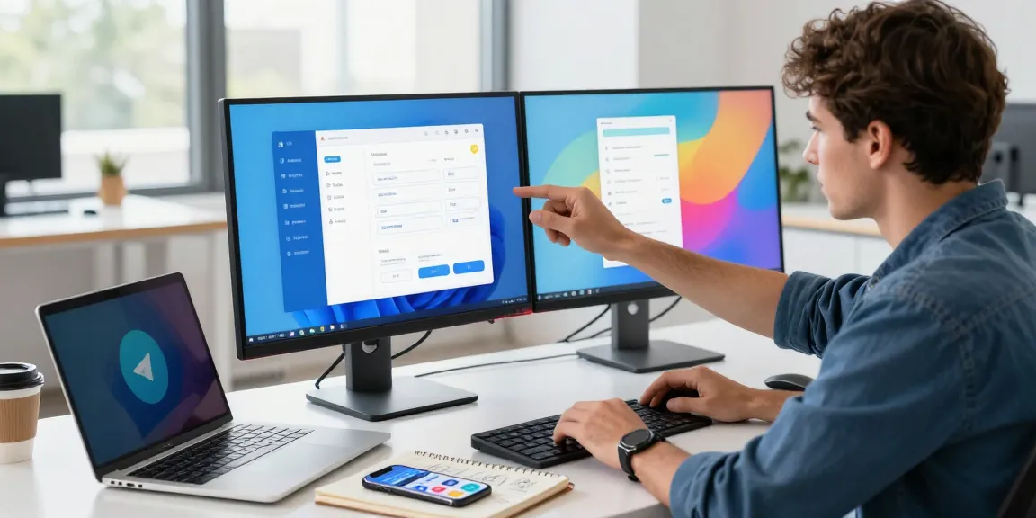 Setting up Telegram in China with a user optimizing settings on dual monitors in a modern workspace.