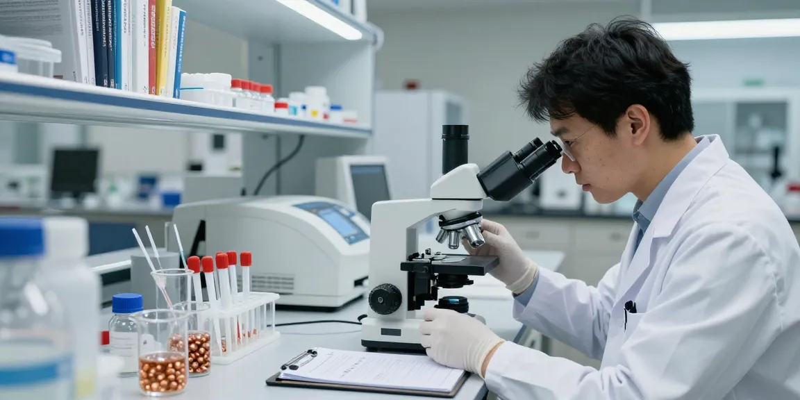 Copper peptide research conducted by a scientist analyzing samples in a professional laboratory setting.