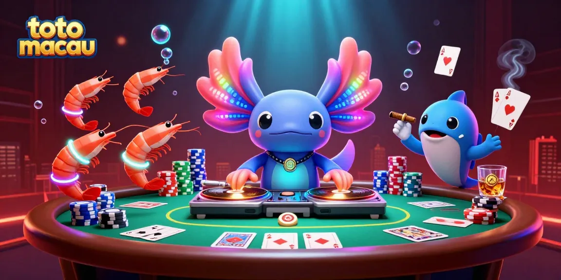 Melihat aksi menampilkan toto macau dengan DJ axolotl neon dan suasana kasino yang meriah.