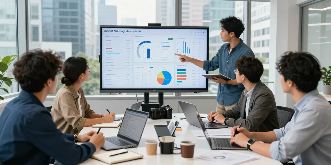 Team strategizing digital marketing tactics with FAFA828 analytics in a modern office