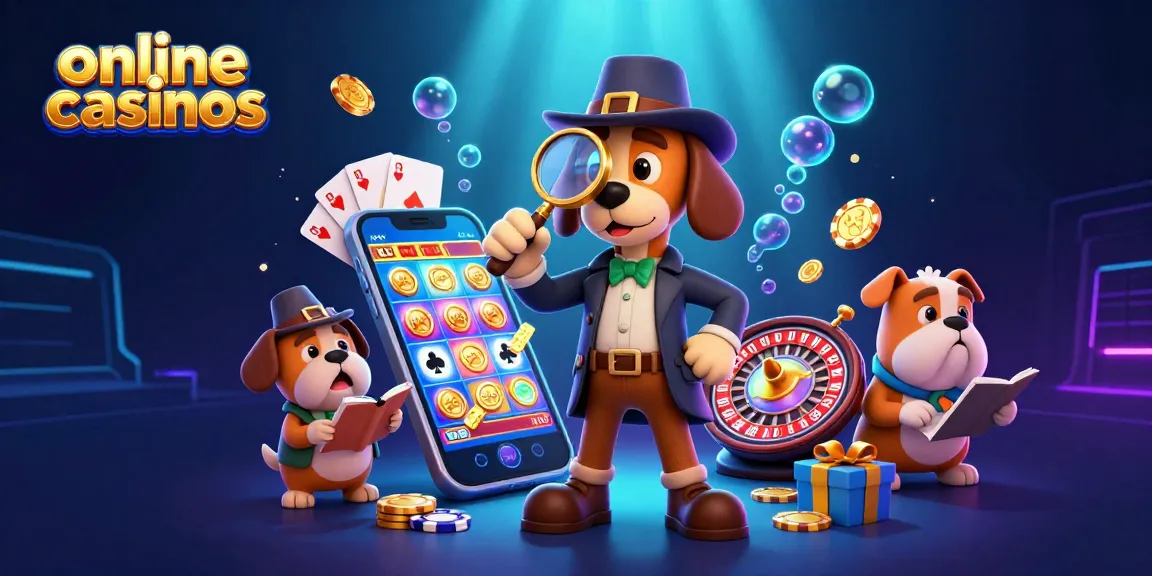 Explore online casinos with a detective discovering poker chips amidst vibrant game elements and treasure clues.