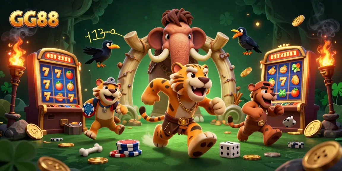 Experience excitement at GG88 with a vibrant 3D casino illustration featuring iconic gaming elements.