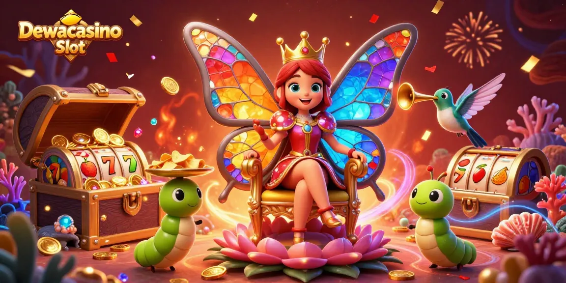 Experience winning thrills with Dewacasino Slot in this vibrant 3D casino illustration bursting with colorful gaming elements.