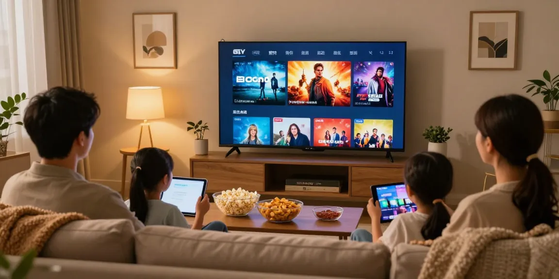 Famille profitant de l'iptv dans un salon chaleureux, avec un écran de télévision affichant des films.