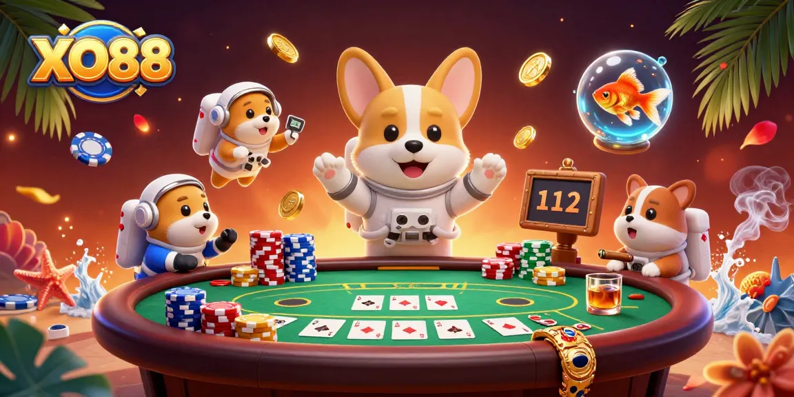 Experience the excitement of XO88 with a cartoon astronaut corgi in a vibrant casino scene.