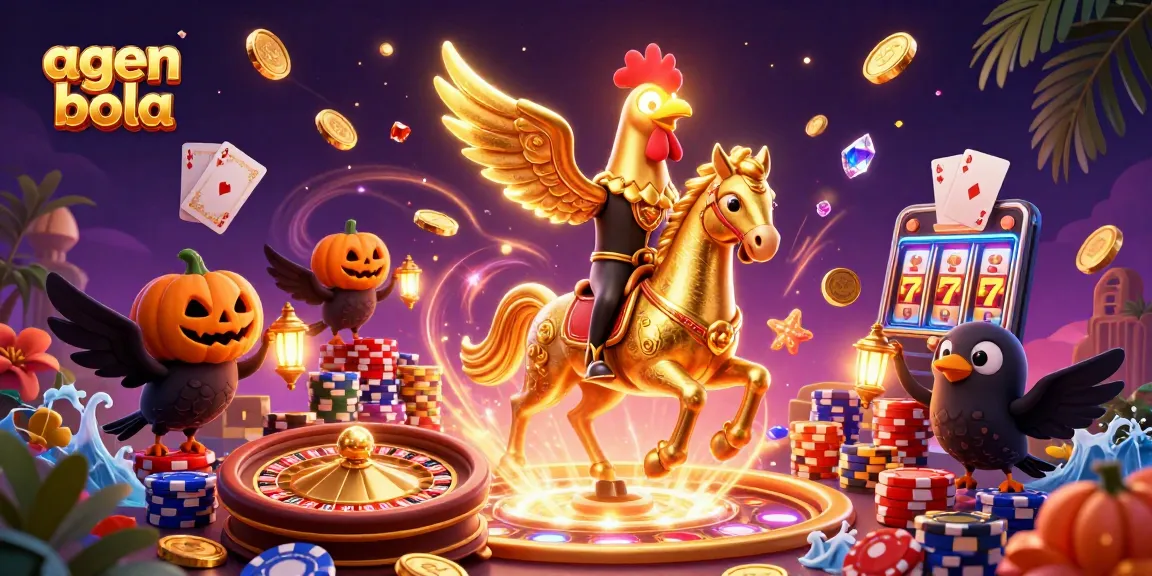 Bet on agen bola with a golden rooster and spooky companions in a dynamic casino scene.