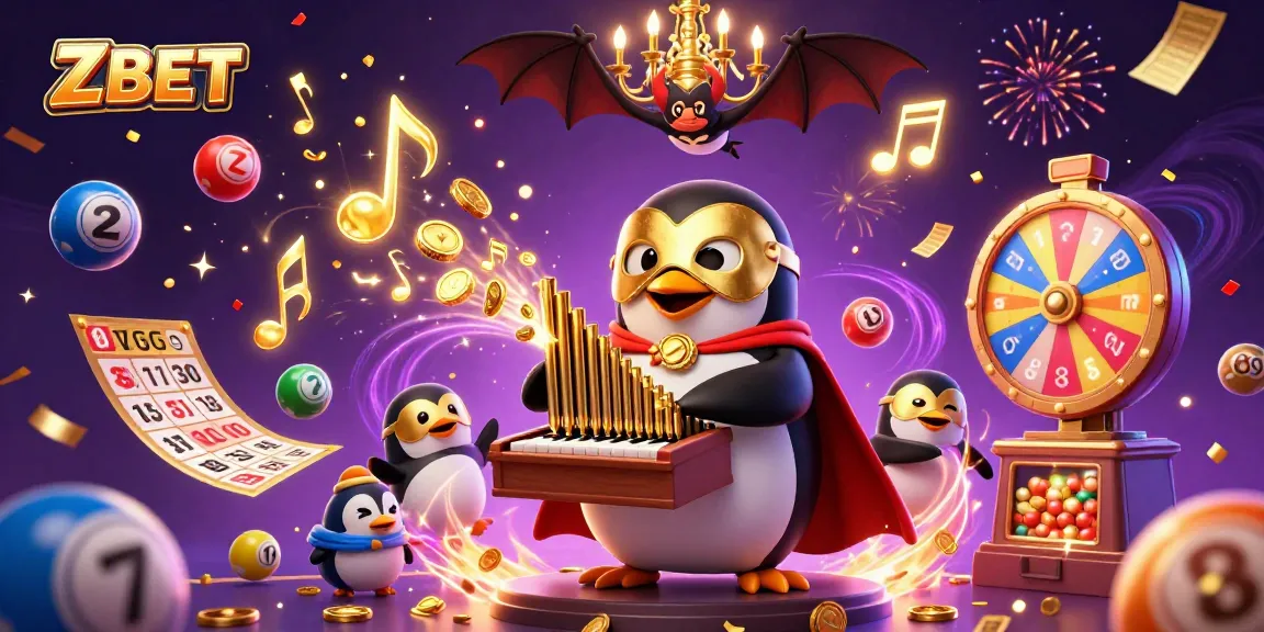 ZBET brings excitement with a phantom penguin, golden coins, and dynamic lottery elements in this vibrant casino illustration.