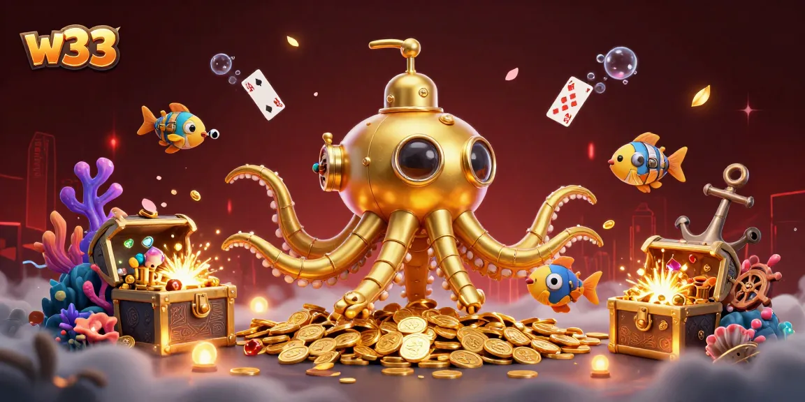Experience w33's thrilling underwater casino adventure with a golden kraken and mechanical fish.