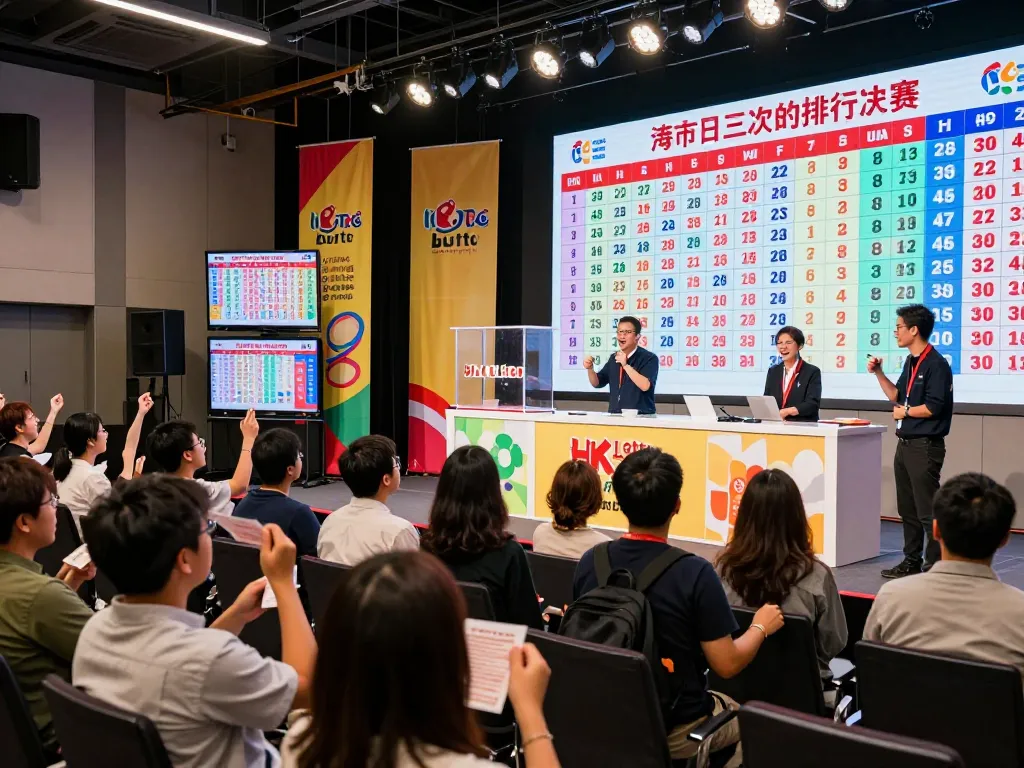 Exciting live HK Lotto drawing event with audience eagerly watching winning numbers on big screen.