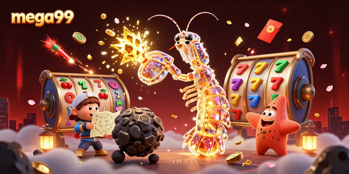 Experience mega99 as a galactic samurai shrimp battles for jackpot treasures amidst vibrant casino elements.