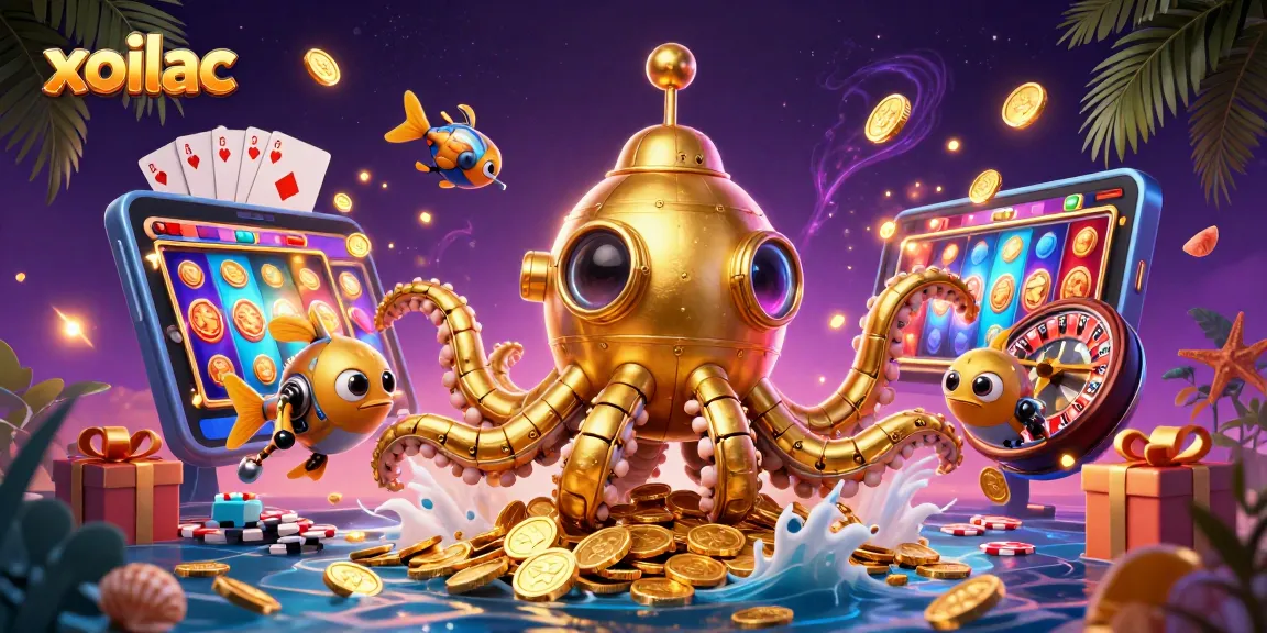 Join the excitement at xoilac with a vibrant, dynamic casino-inspired 3D illustration featuring a golden kraken and gaming elements.