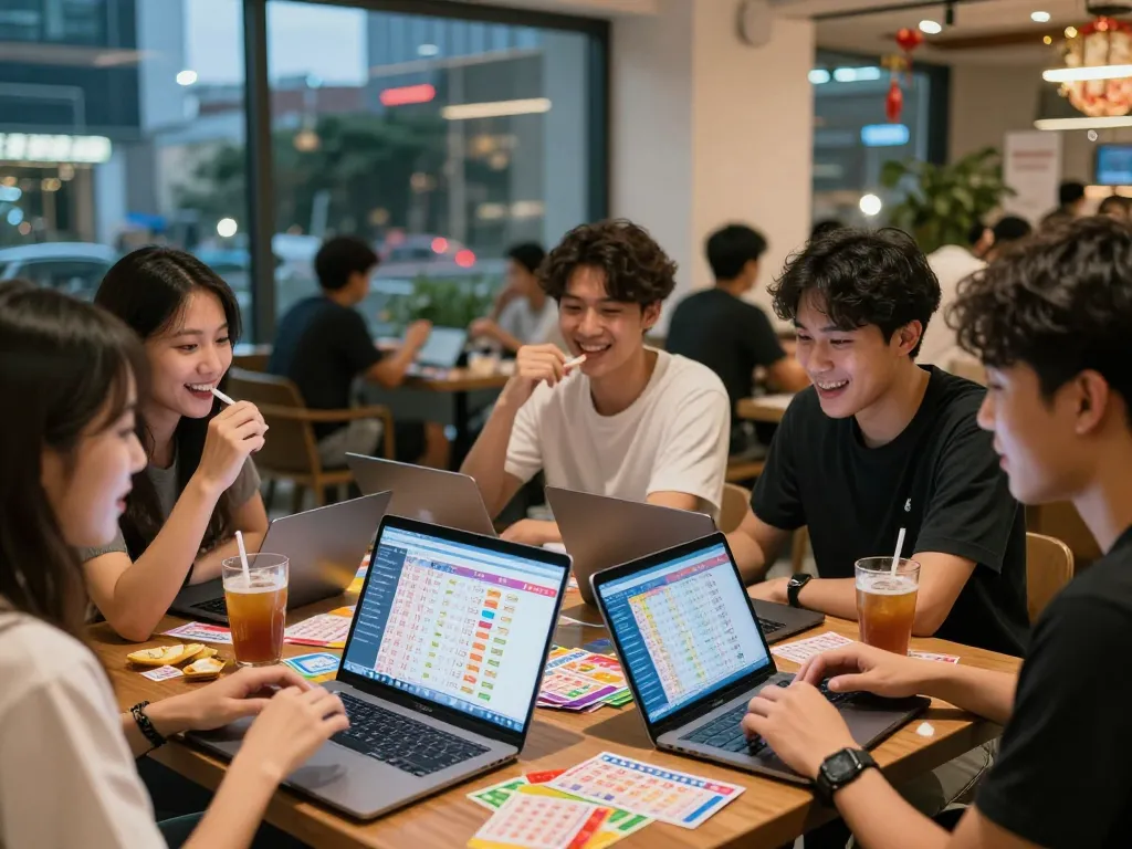 Excited group enjoying HK Lotto results in vibrant urban setting.