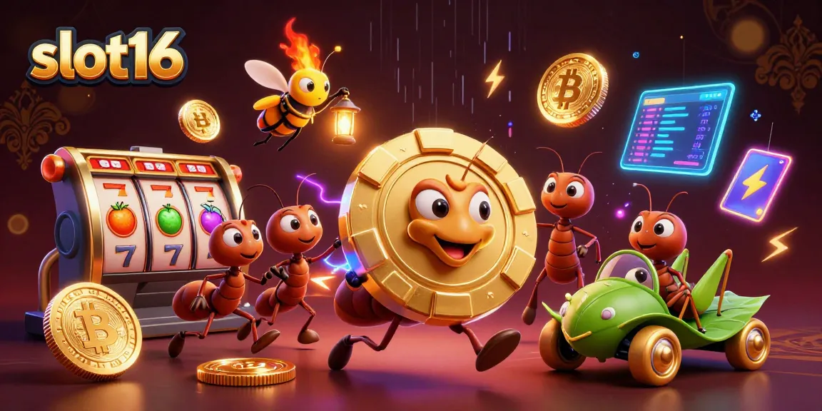 Engaging scene of slot16 featuring ants running a heist with giant poker chips, surrounded by vibrant slot game symbols.