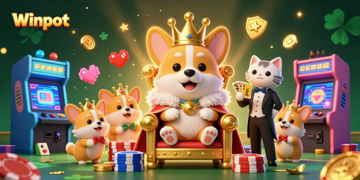 Experience Winpot's vibrant casino scene with royal corgis delighting in games and gold.